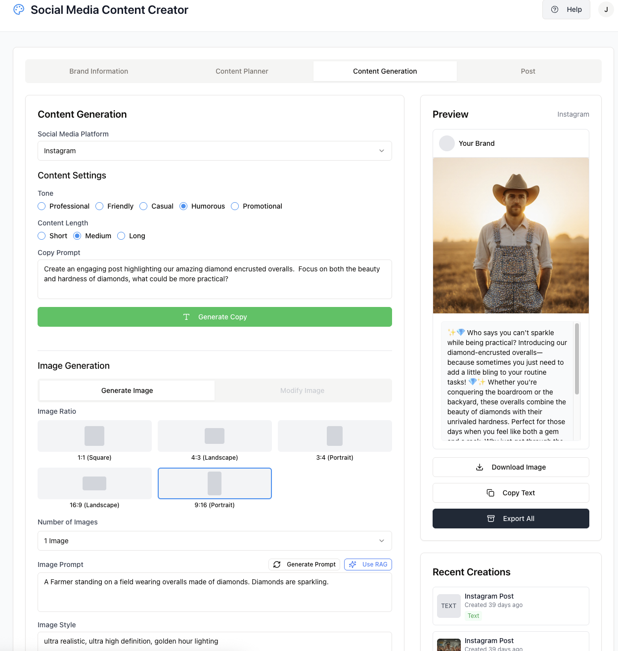 ContentCraft AI image generation settings and preview pane for social media content.