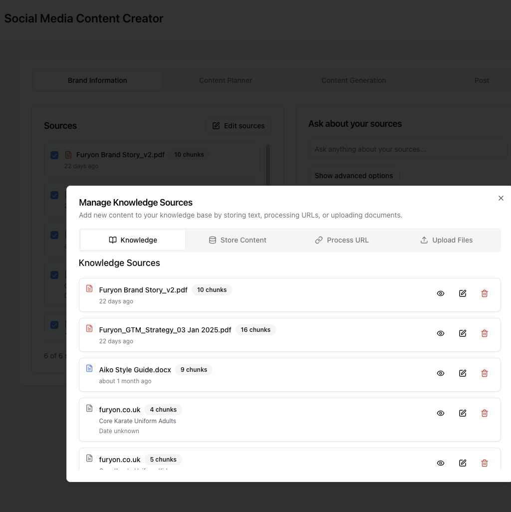 ContentCraft knowledge base interface showing uploaded brand documents and knowledge sources.