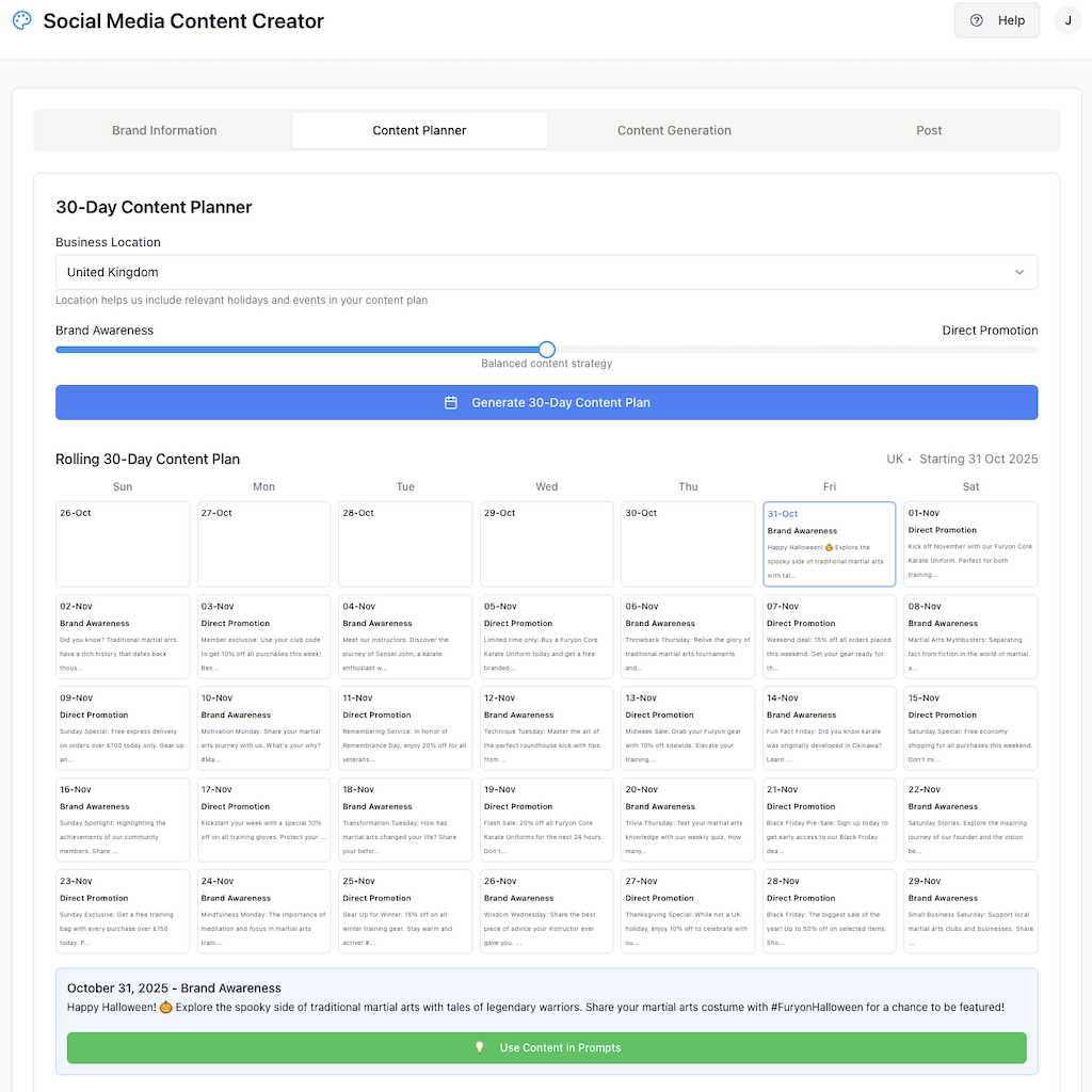 ContentCraft 30-day content planner with a calendar of upcoming social posts.